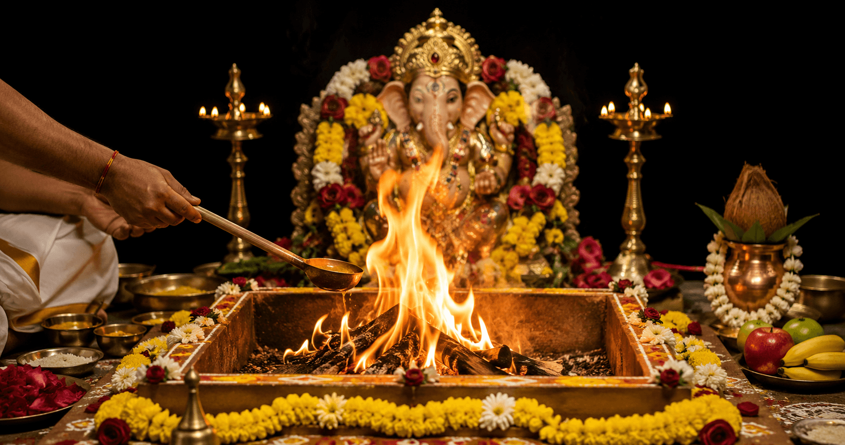 Priest offering ghee into the homam fire before Ganapathi