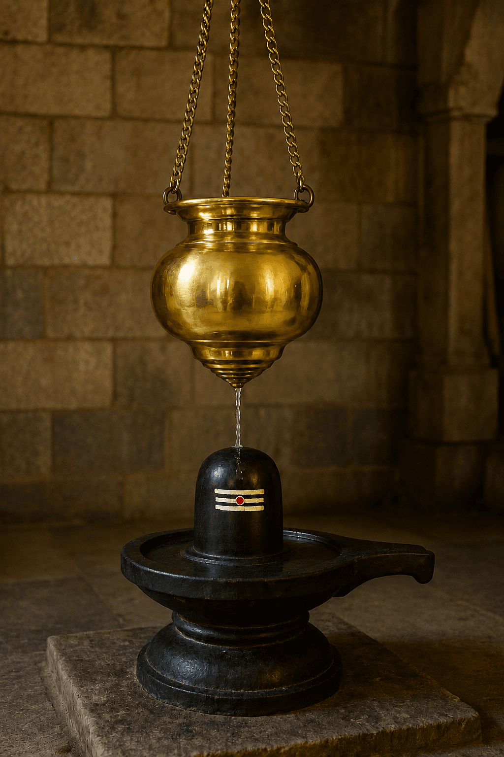 Brass vessel suspended above the Shivalingam, water falling in a steady thread