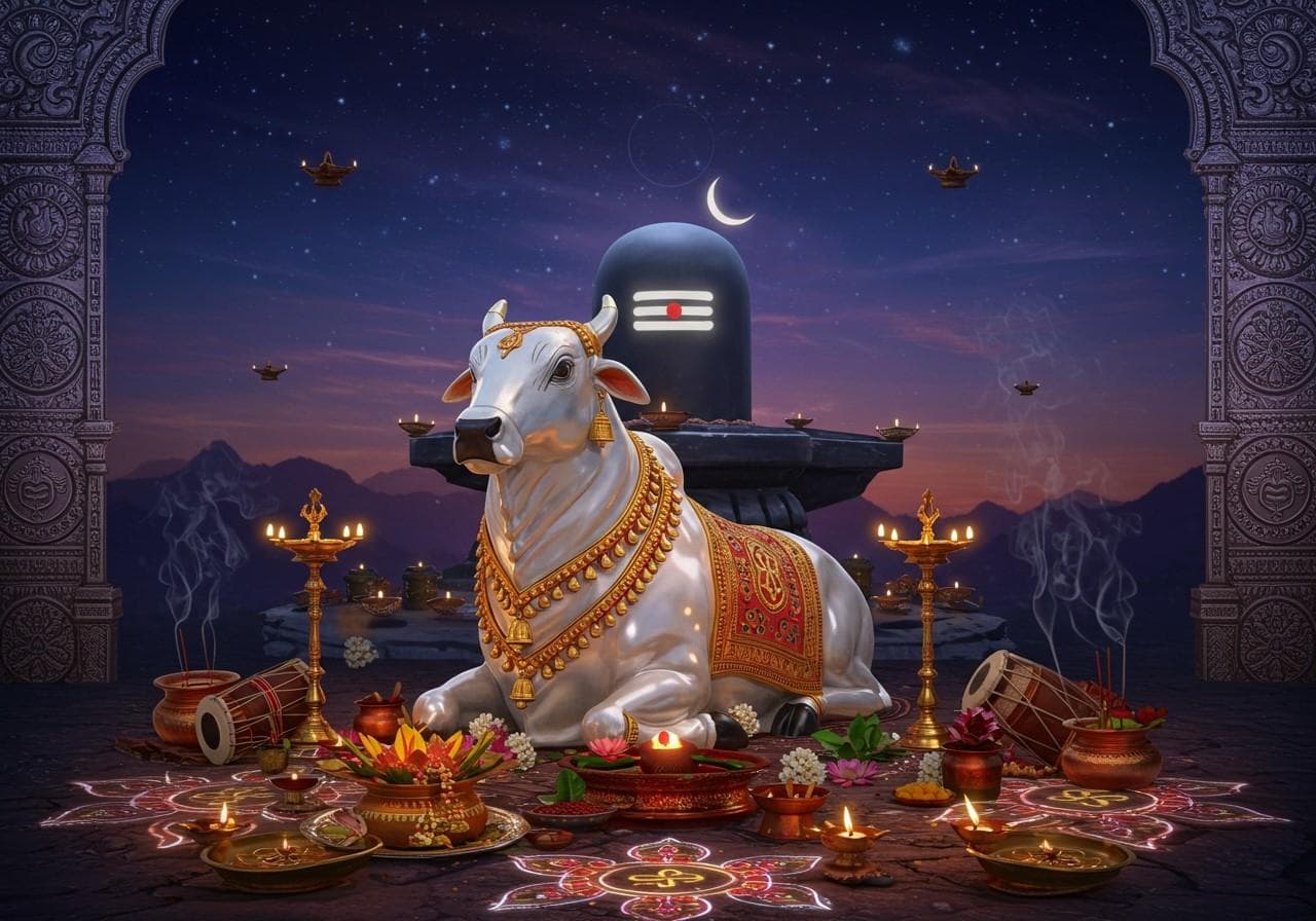 Nandi before the Shivalingam, surrounded by oil lamps at dusk