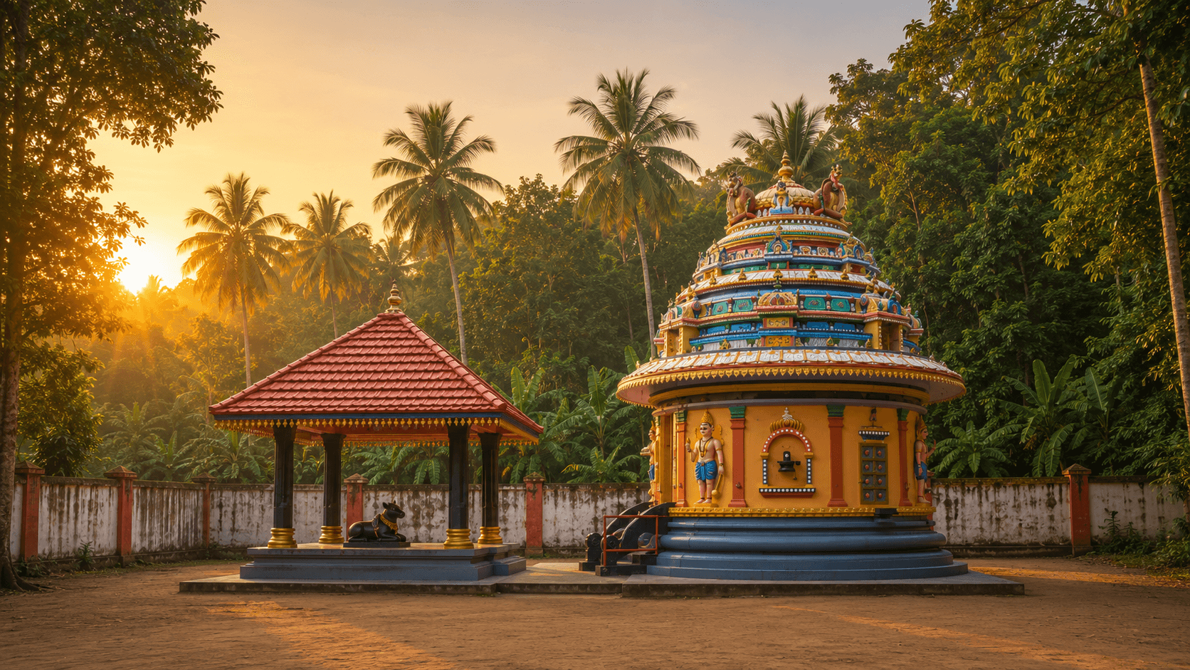 Sree Mahadevar Temple at Mathoorkonam at sunrise, showing the sanctum tower and the Nandi mandapam
